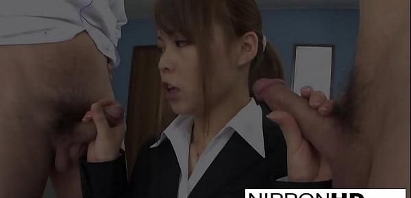  Sexy Asian office girl blows her coworkers